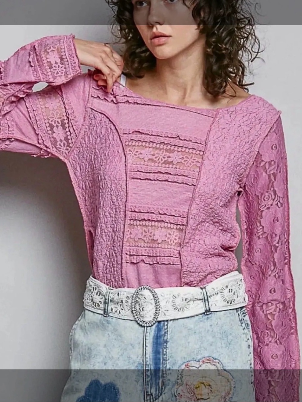 POL Pink Lace-Panel Long Sleeve Top